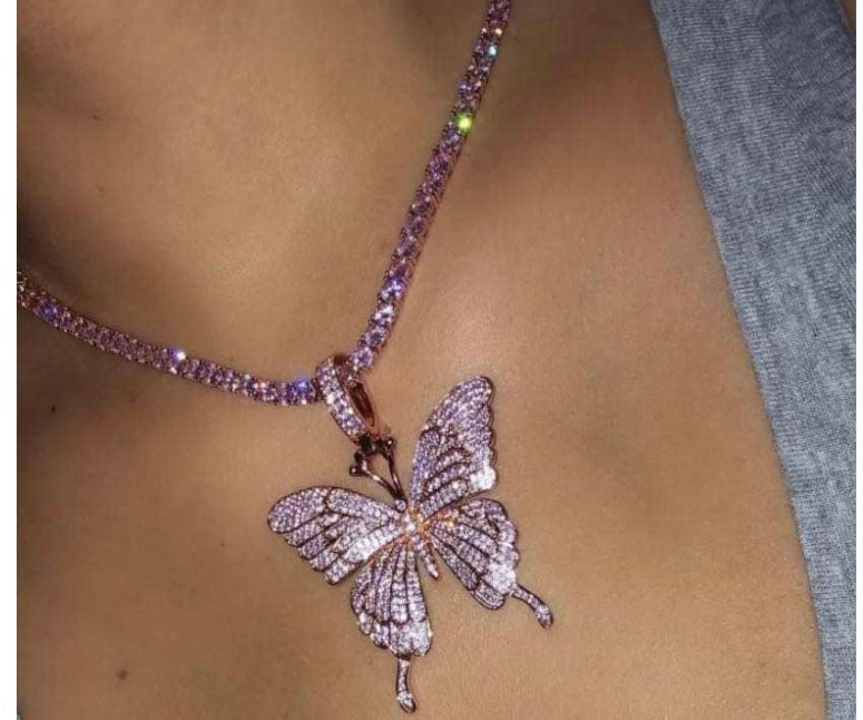 Fashion pink tennis butterfly necklace