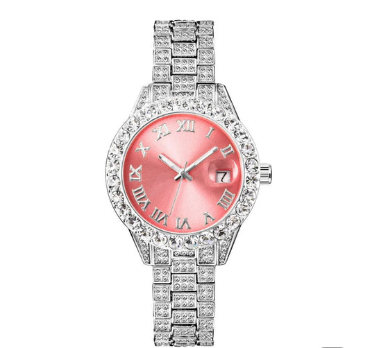 Irreplaceable Silver/ Pink Stainless Steel Iced Out Watch